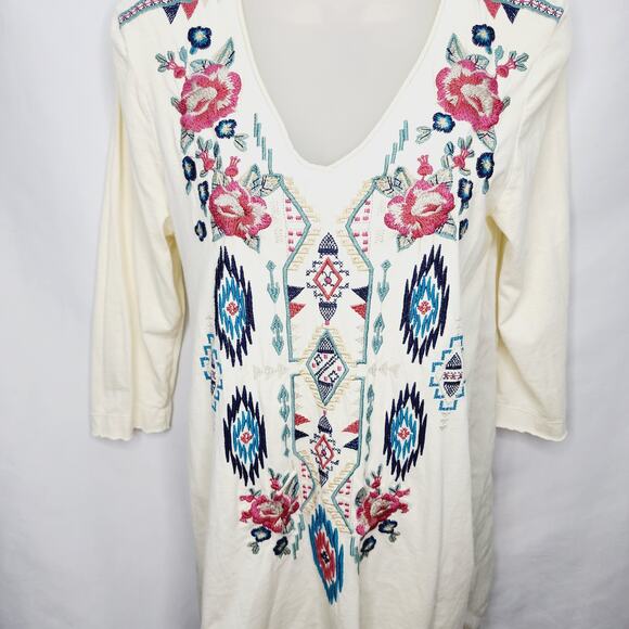 Johnny Was 3/4 Sleeve Cream V Neck Floral & Aztec Embroidery Sheer Back Top - Picture 5 of 13